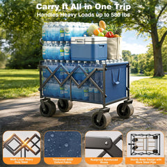 Terrfour Collapsible Wagon Cart with Tank Wheels, 580LBS Heavy Duty Folding Beach Wagon for Camping Garden Sports Shopping, Navy Blue
