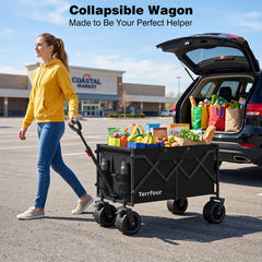 Terrfour Collapsible Wagon Cart with Tank Wheels, 580LBS Heavy Duty Folding Beach Wagon with Side Pocket for Camping Garden Sports Shopping, Black