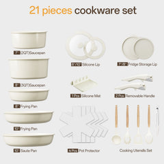 NULAS 21 Piece Pots and Pans Set Non Stick, Stackable RV Kitchen Cooking Set , Cookware Set with Detachable Handle, Dishwasher Safe, Oven Safe, Cream White