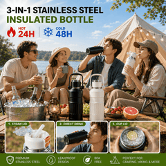 3-in-1 Insulated Water Bottle, 34oz Leakproof Stainless Steel Thermos with Straw & Spout Lid, 316 Stainless Steel Interior, Handle & Adjustable Strap for Work, Gym, Travel & Hot or Cold Drinks