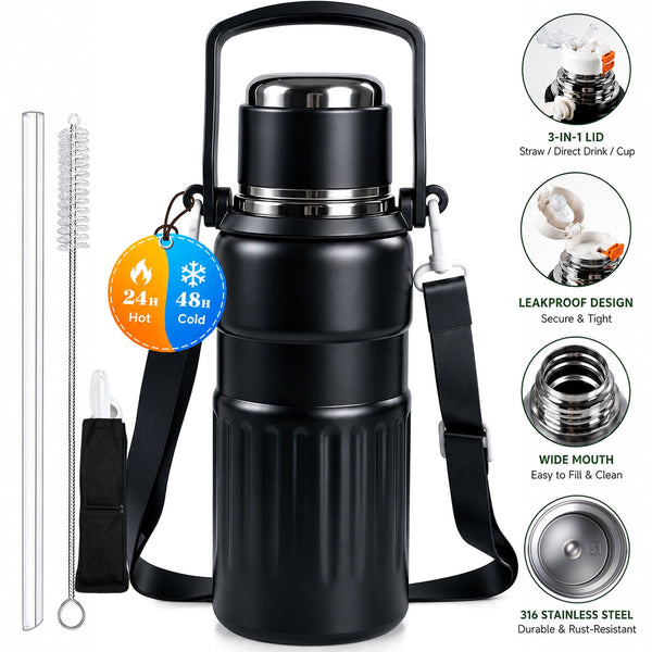 3-in-1 Insulated Water Bottle, 34oz Leakproof Stainless Steel Thermos with Straw & Spout Lid, 316 Stainless Steel Interior, Handle & Adjustable Strap for Work, Gym, Travel & Hot or Cold Drinks