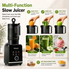 Hicloud 200W Juicer, Cold Press Juicer with 4.4" Large Feed Chute, Electronic 5-Speed Masticating Juicer Machines for Whole Vegetables & Fruits, High-yield Juice Maker, Easy Clean