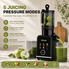 Hicloud 200W Juicer, Cold Press Juicer with 4.4" Large Feed Chute, Electronic 5-Speed Masticating Juicer Machines for Whole Vegetables & Fruits, High-yield Juice Maker, Easy Clean