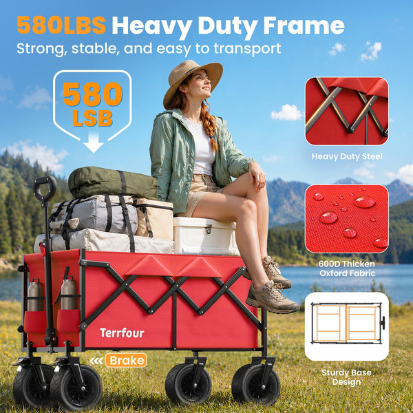 Terrfour 580LBS Collapsible Folding Wagon, Heavy Duty Utility Cart for Grocery, Shopping, Garden, Sports, Camping, Red