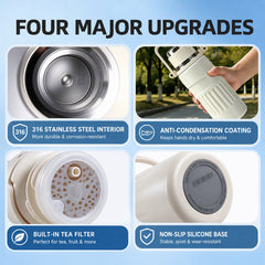 3-in-1 Insulated Water Bottle, 34oz Leakproof Stainless Steel Thermos with Straw & Spout Lid, 316 Stainless Steel Interior(Beige), Handle & Adjustable Strap for Work, Gym, Travel & Hot or Cold Drinks