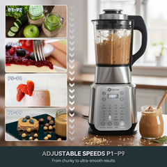 Stainless Steel Blender with Tamper, 59oz Countertop Food Processor, 1500W High Speed Adjustable P1-P9, Professional Heating Blender, Auto Clean