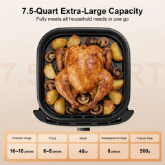 Hicloud 7.5QT Air Fryer, 1600W Multifunction Airfryer with Visible Window, Adjustable Time＆Temperature, Nonstick, 85% Less Oil, 100Pcs Liner