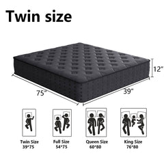 Tryagat 12” Twin Hybrid Mattress in a Box, Medium Firm Twin Size Mattresses, Cooling Gel Memory Foam Mattress with Individually Wrapped Pocket Coils, Pressure Relief