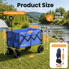 Terrfour Collapsible Wagon Cart, Folding Utility Heavy Duty Wagons for Grocery Sports Garden Shopping Camping, Blue