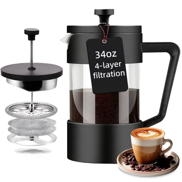 Acarner French Press Coffee Maker 34 oz, Heat Resistant Thick Borosilicate Glass French Presses with 4-Level Filtration, Ice Tea and Coffee Glass Pitcher