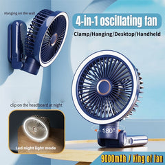 New 9000mAh 4-Speed Oscillating LED Desk Fan,Portable Stroller Fan/Foldable Hanging Clip Fans,Handheld Fans,Personal Rechargeable Small Fan for Home Travel Camping,11inch,Blue