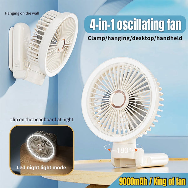 New 9000mAh 4-Speed Oscillating LED Desk Fan,Portable Stroller Fan/Foldable Hanging Clip Fans,Handheld Fans,Personal Rechargeable Small Fan for Home Travel Camping,11inch,Beige