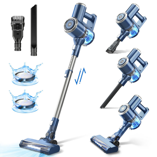 PrettyCare Cordless Vacuum Cleaner, 6-in-1 Lightweight Stick Vacuum,Self-Stand,Deep-Blue,W200-LB