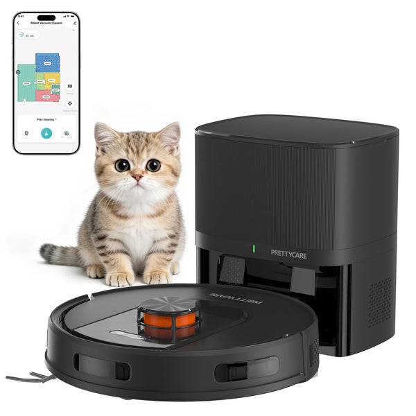 PrettyCare Robot Vacuum and Mop Combo Cleaner 9000pa,85 Days Self-Emptying & Recharging Station with 3D Home Mapping for Debris/Stain/Hair/Pet, L1 PRO