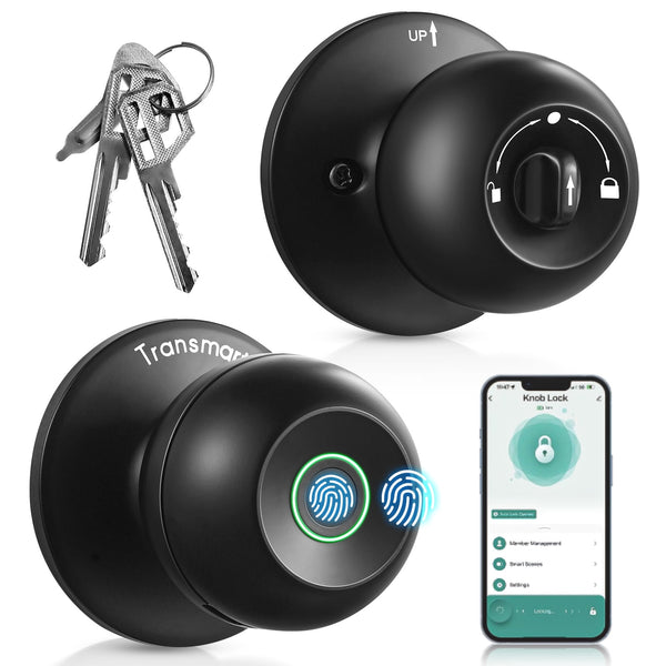 Transmart Smart Door Lock, Fingerprint Lock Knob with App Control, IP65 Weatherproof, 3 in 1 Smart Lock with Fingerprint&key&WiFi for Home, Office, Hotels(Black)