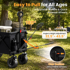 Terrfour Collapsible Folding Wagon, 580LBS Portable Heavy Duty Utility Cart for Grocery, Shopping, Garden, Sports, Camping, Black