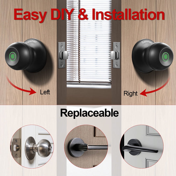 Transmart Smart Door Lock, Fingerprint Lock Knob with App Control, IP65 Weatherproof, 3 in 1 Smart Lock with Fingerprint&key&WiFi for Home, Office, Hotels(Black)
