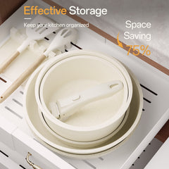 NULAS 21 Piece Pots and Pans Set Non Stick, Stackable RV Kitchen Cooking Set , Cookware Set with Detachable Handle, Dishwasher Safe, Oven Safe, Cream White