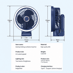 New 9000mAh 4-Speed Oscillating LED Desk Fan,Portable Stroller Fan/Foldable Hanging Clip Fans,Handheld Fans,Personal Rechargeable Small Fan for Home Travel Camping,11inch,Blue