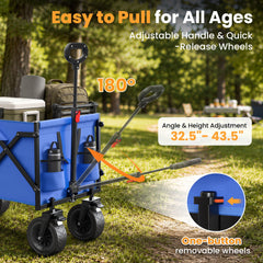 Terrfour Collapsible Wagon Cart, Folding Utility Heavy Duty Wagons for Grocery Sports Garden Shopping Camping, Blue