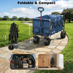 Terrfour Collapsible Wagon Cart with Tank Wheels, 580LBS Heavy Duty Folding Beach Wagon for Camping Garden Sports Shopping, Navy Blue