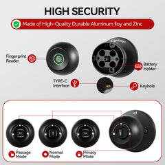 Transmart Smart Door Lock, Fingerprint Lock Knob with App Control, IP65 Weatherproof, 3 in 1 Smart Lock with Fingerprint&key&WiFi for Home, Office, Hotels(Black)