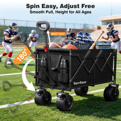 Terrfour Collapsible Wagon Cart with Tank Wheels, 580LBS Heavy Duty Folding Beach Wagon with Side Pocket for Camping Garden Sports Shopping, Black