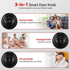 Transmart Smart Door Lock, Fingerprint Lock Knob with App Control, IP65 Weatherproof, 3 in 1 Smart Lock with Fingerprint&key&WiFi for Home, Office, Hotels(Black)