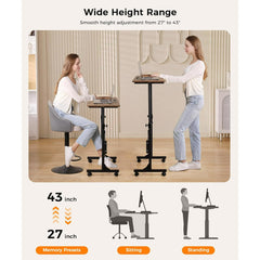 KLSMYHOKI Standing Desk, Adjustable Height 31.5" x 16" Rustic Mobile Table with Wheels, Height Range 27"-43.5" for Home Office