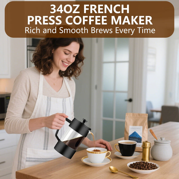 Acarner French Press Coffee Maker 34 oz, Heat Resistant Thick Borosilicate Glass French Presses with 4-Level Filtration, Ice Tea and Coffee Glass Pitcher